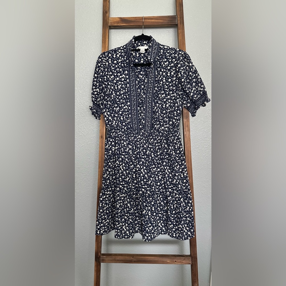 London Times Dark Blue and White Patterned Dress